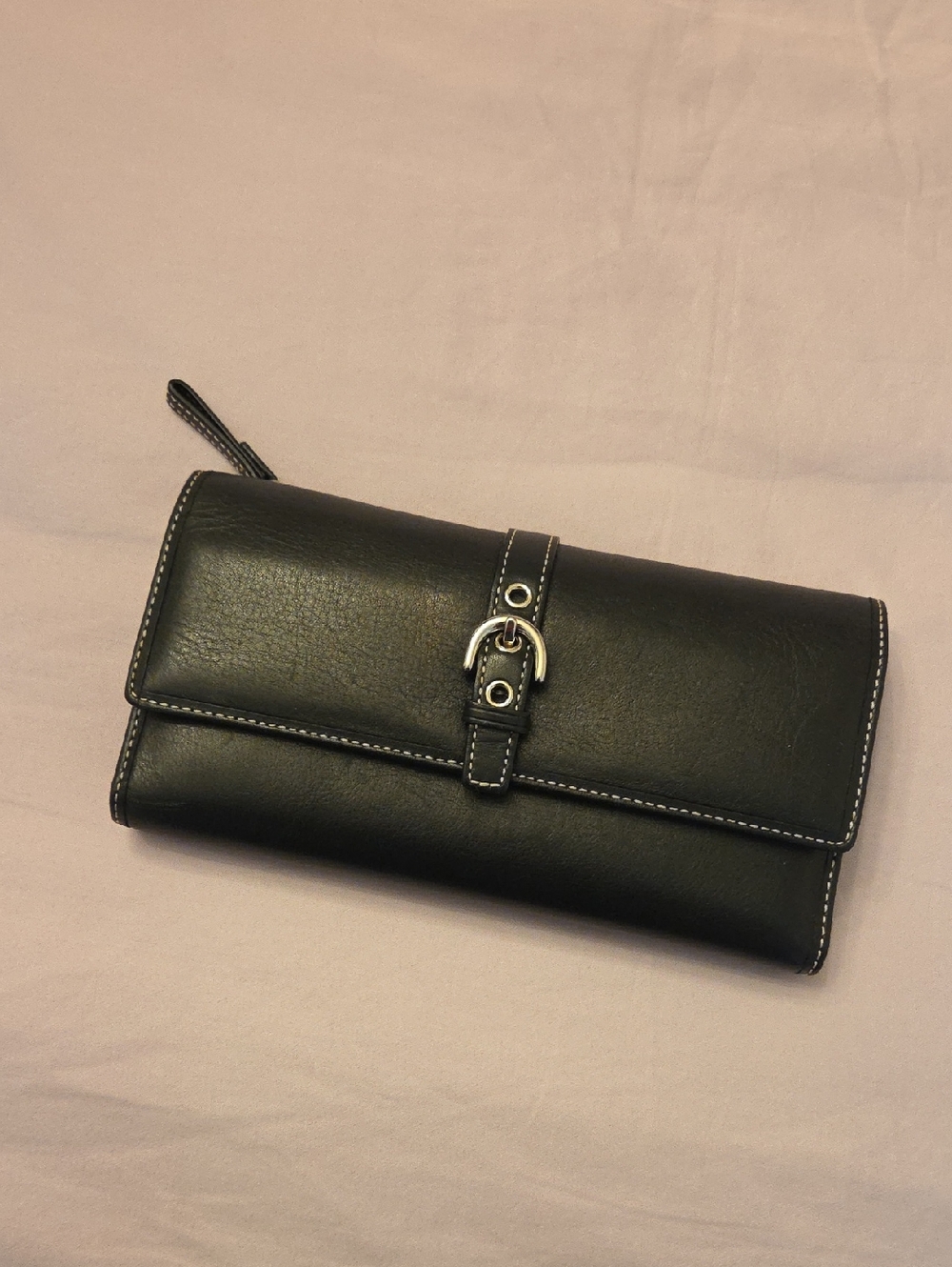 Coach Black Leather Wristlet Clutch with Silver Buckle and Check Book